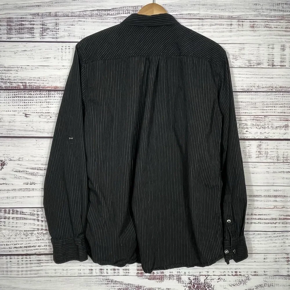 Skully Snap Button Shirt Pinstriped Pockets Western Cowboy Rodeo Black SZ L